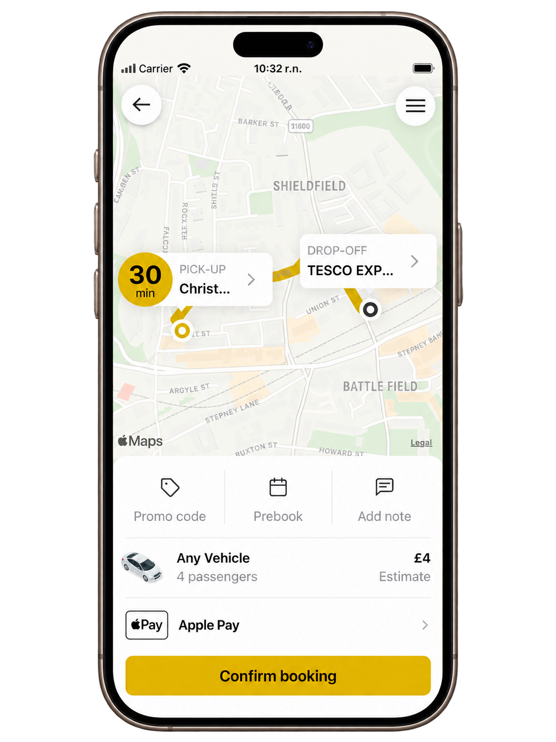 Grab A Cab Newcastle passenger app showing a journey route, vehicle estimate and booking confirmation