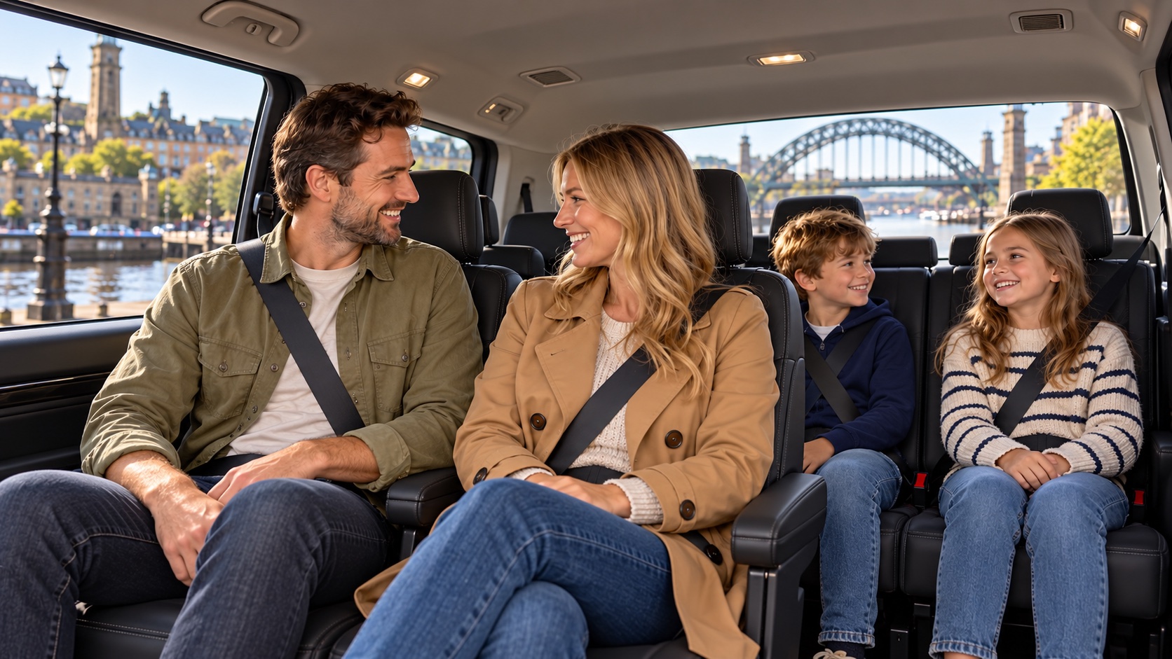 Family seated safely with seatbelts inside a spacious Grab A Cab vehicle in Newcastle